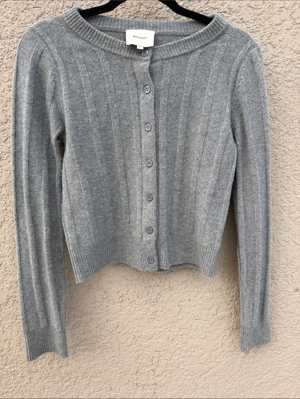 Reformation Heather Gray Ribbed 100% Merino Wool Blend Button Cardigan
